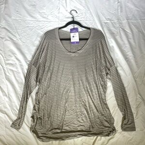 Cabi Plum Top - Women's Striped V-Neck Top - Purple and Grey - #4376